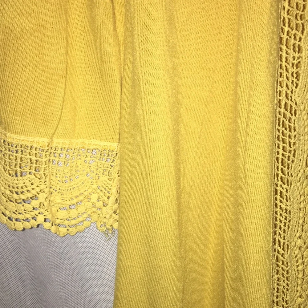 Tickled Teal Lace Trim Open Front Below The Knee Cardigan | Mustard Yellow | M